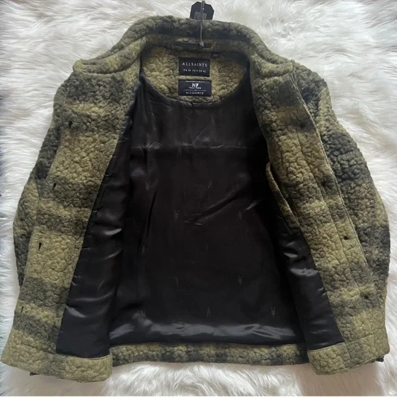 New!  ALL SAINTS Rosey Check Khaki Green Plaid Wool Blend Overshirt Jacket - Picture 8 of 10